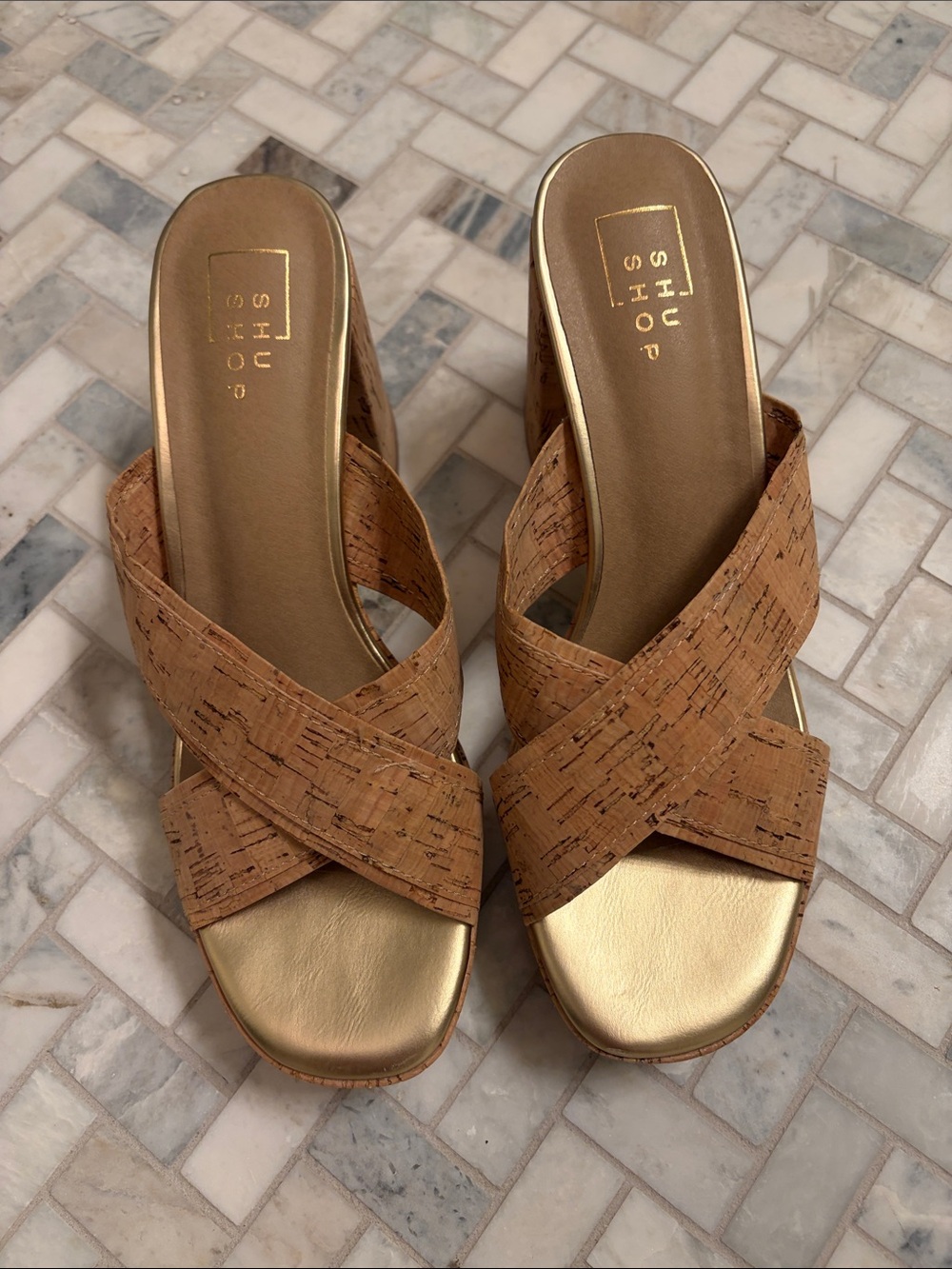 ShuShop Gold Footbed Cork Crossband Wedge Sandals